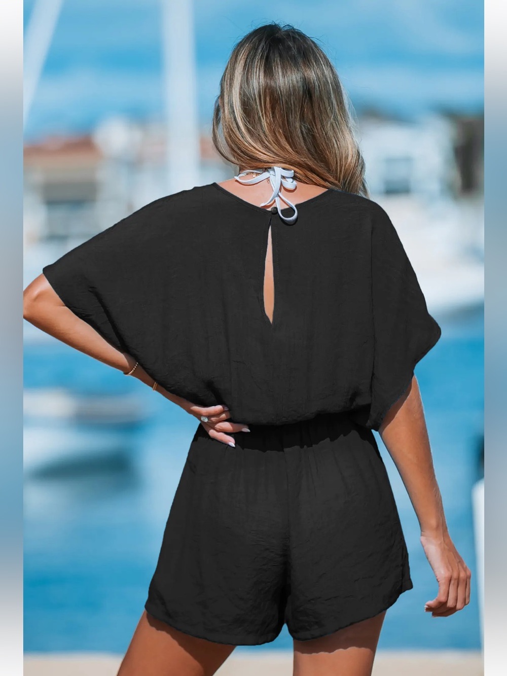 Cupshe Black Plunging Tassel Tie Cover-Up Romper. Small - Picture 2 of 7